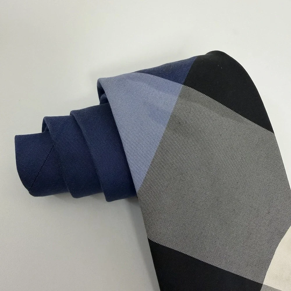 Burberry London Recent Tie Nova Check Plaid Blue/Black Silk Cotton 3.25